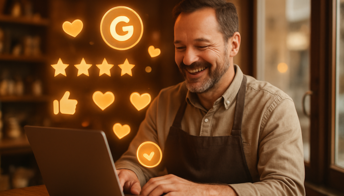 Warminster shop owner smiling at positive five-star Google reviews on a laptop, surrounded by floating icons in warm light.