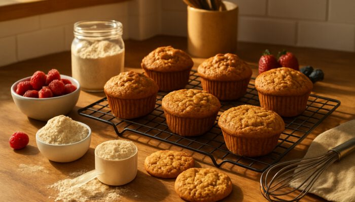 Golden protein muffins and cookies cooling on a rack with vanilla powder and berries in a sunny kitchen.