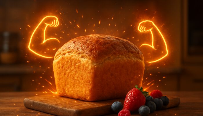 Golden protein bread loaf with muscle icons, berries, and energy sparks in the kitchen