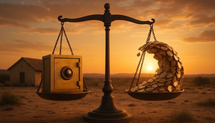 Rustic home in Beaufort West: stability of fixed rates, wave of coins representing variable rates, balanced against a scale at sunset.