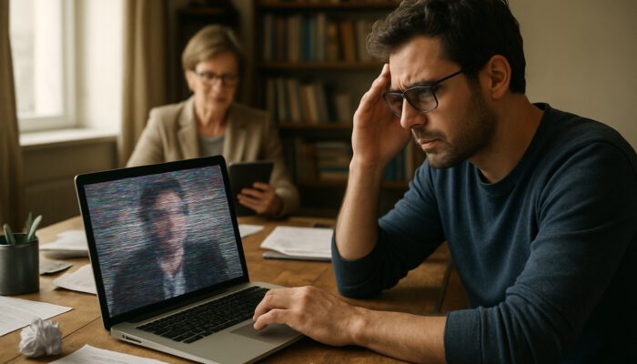 Remote writer faces technical issues during a video call while a supervisor reviews documents on a tablet.