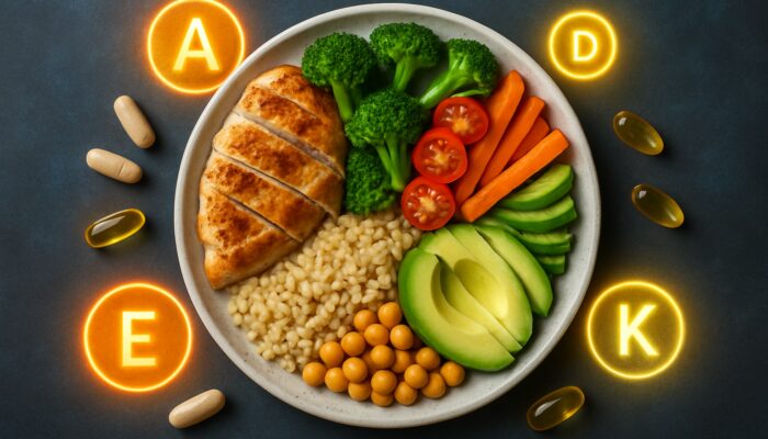 Balanced meal with protein, carbohydrate, fat sections alongside supplement capsules and vitamin icons
