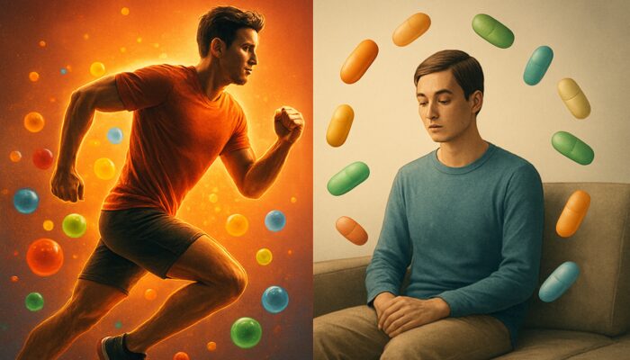 Contrasting images of an energetic athlete with antioxidant multivitamins and a calm sedentary figure with nutrient capsules.