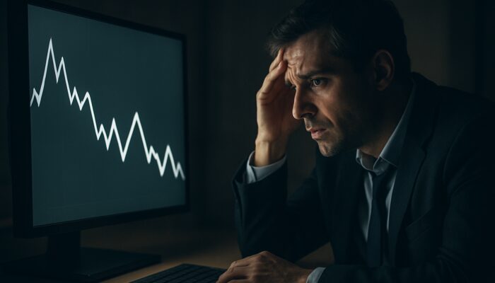 An anxious trader observing a zigzagging chart with false breakouts and whipsaws in dim light