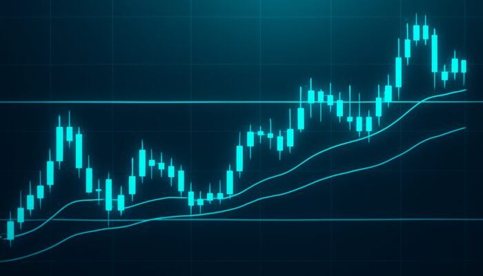 Financial chart displaying flat moving averages in a sideways market, with candlesticks between support and resistance.