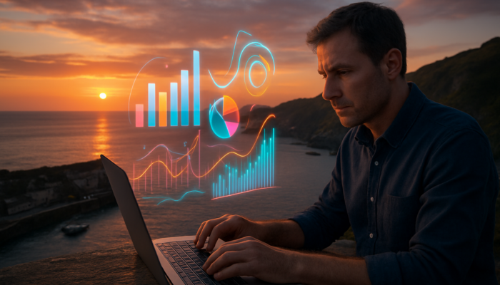 Ilfracombe entrepreneur analysing holographic traffic analytics charts on laptop with a sunset backdrop of Devon cliffs