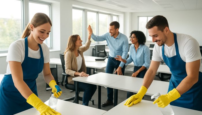 Professional cleaners sanitizing bright modern office as joyful employees collaborate energetically