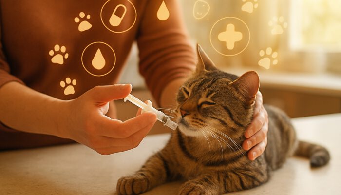 Owner administering medicine to a relaxed tabby cat using a syringe, with floating paw print icons