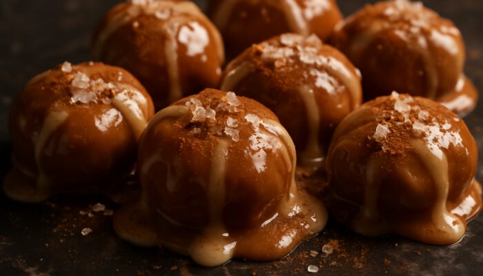 Close-up of glossy homemade pralines with vanilla, flaky sea salt, and cinnamon on dark marble.