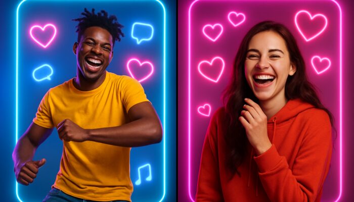 Split-screen TikTok duet with two vibrant creators dancing and laughing amid neon glows and hearts.
