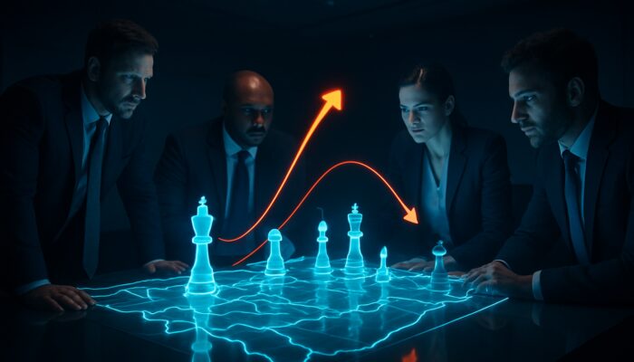 Business strategists evaluating holographic competitor maps and chess pieces in a modern strategy room.