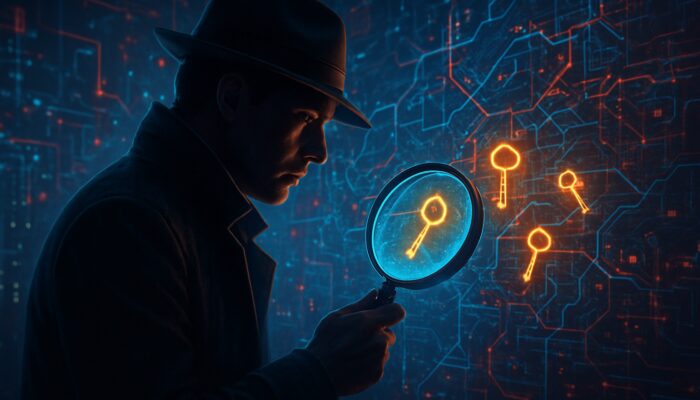 Digital investigator reveals competitor keyword gaps with a glowing magnifying glass in a digital landscape