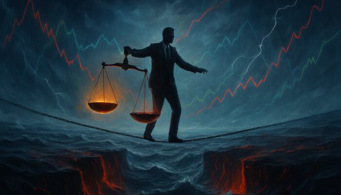 Surreal trader balancing luminous profit scales against crimson drawdown chasms on a stormy market sea filled with swirling charts