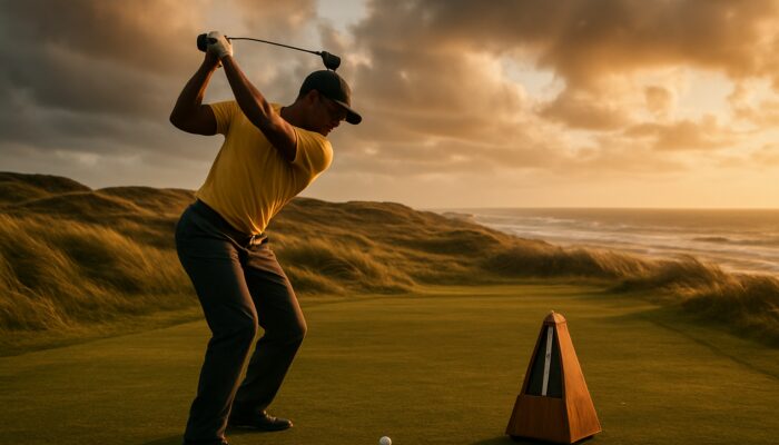 Focused South African golfer mid-swing with a metronome on a breezy coastal fairway at golden hour