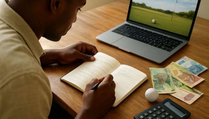South African bettor reviews budget notebook and golf odds on laptop with Rand notes and calculator
