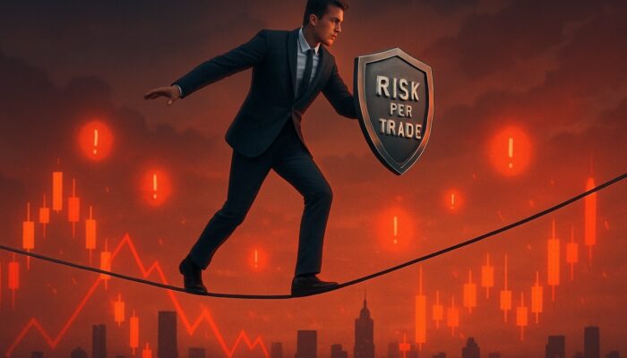 Trader balancing on a tightrope above candlestick charts holding a Risk Per Trade shield
