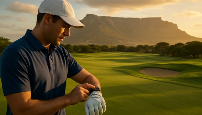 Golfer monitoring real-time statistics on smartwatch with Table Mountain in the background in Cape Town