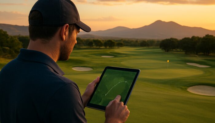 Focused golfer analyses statistics on tablet at Pretoria Country Club fairway with mountains during dusk