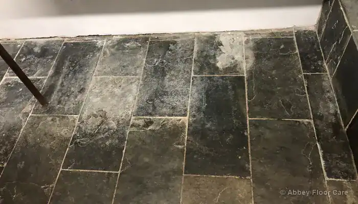 Residue trapped in the riven texture of a dark slate floor