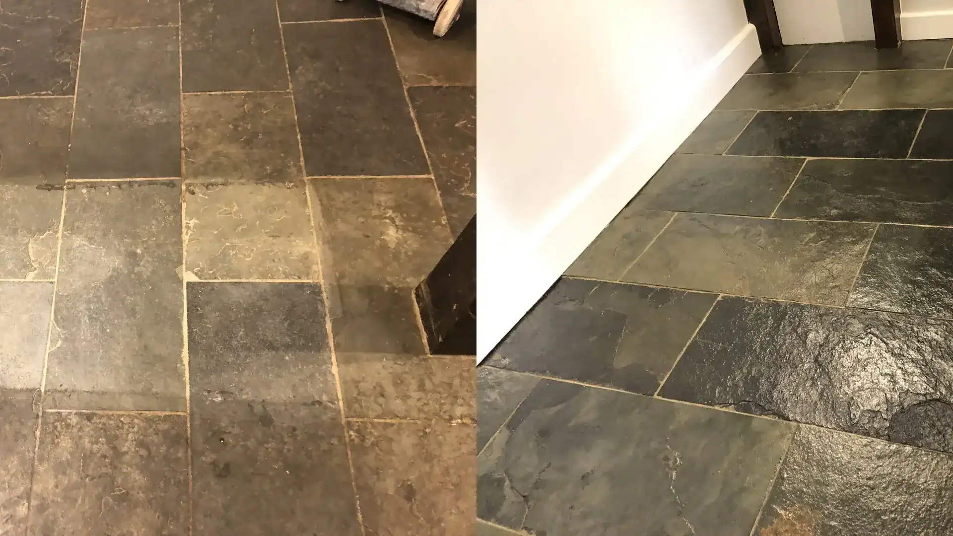 Dull soiled slate kitchen floor before restoration
