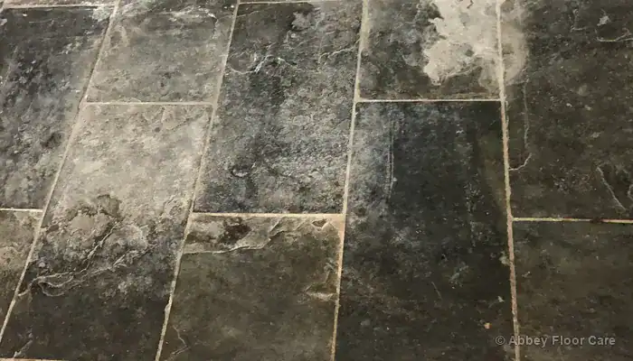 White chalky deposits visible on a dark slate floor surface