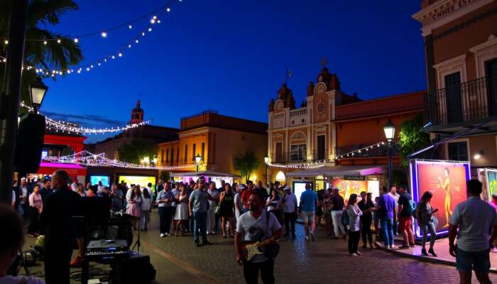 Dynamic Cervantino Festival scene in San Miguel de Allende featuring jazz musicians under lights, theatrical performances in plazas, art displayed in colonial buildings, and a lively crowd.