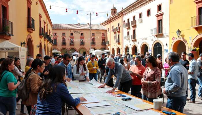 Organisers, volunteers, and officials collaborating around a table with maps and decorations in San Miguel de Allende's vibrant plaza.