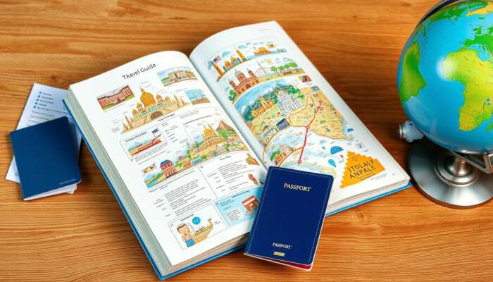 Vibrant illustration of an open travel guide book on a wooden table featuring maps, landmark photos, itineraries, a globe, and a passport.