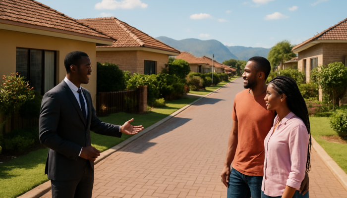 Couple inspecting modern homes on a bustling Thohoyandou street with a real estate agent under a sunny sky.