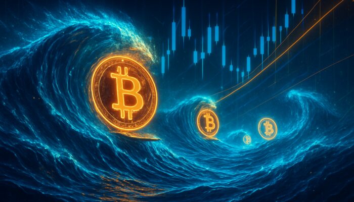 Glowing Bitcoin symbols navigating blue Elliott waves on a neon cyberpunk candlestick chart