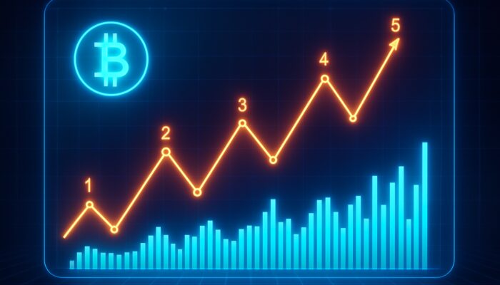 Bitcoin Elliott Wave chart showcasing surging volume bars and neon lines on a holographic interface