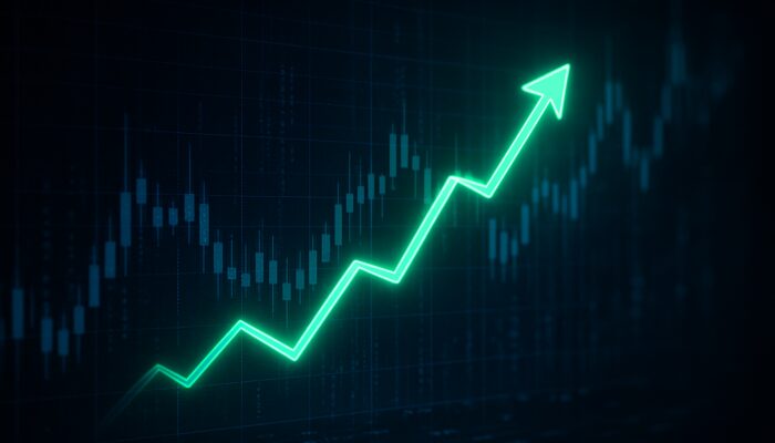 Ascending green equity curve on a holographic trading interface featuring candlesticks symbolising trader success