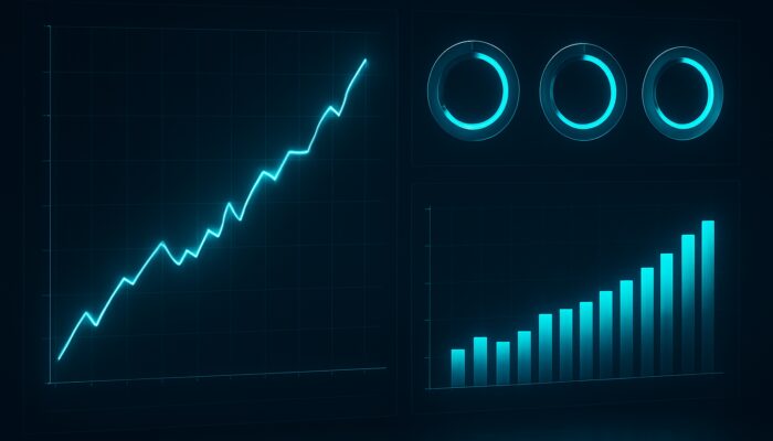 Futuristic trading dashboard featuring luminous equity curves alongside win rate and profit factor metrics.