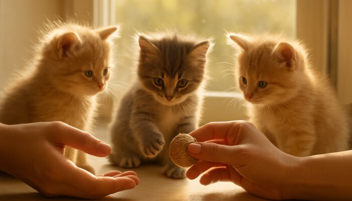 Fluffy kittens playing with hands and toys on a sunny windowsill during socialisation.