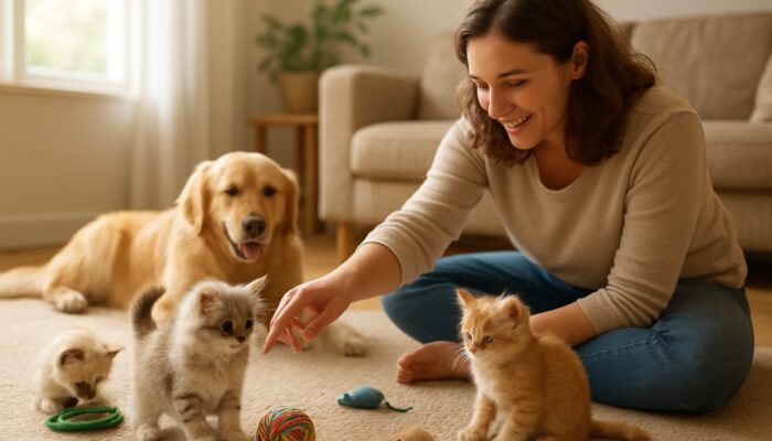 Owner gently plays with curious kittens amid toys in a sunlit room for socialisation.