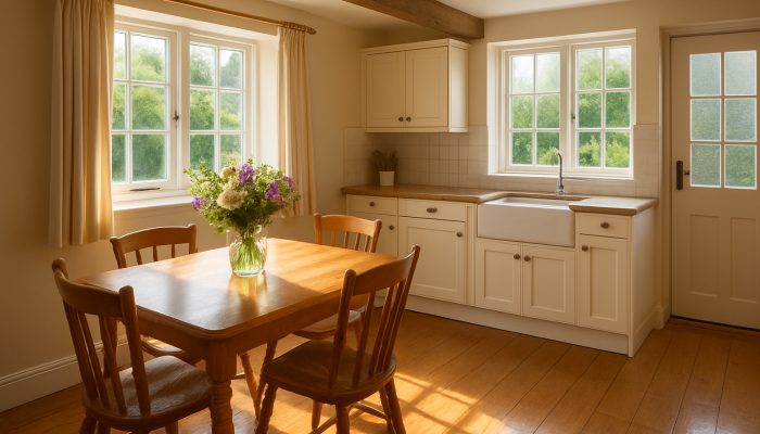 Shining Yeovil cottage kitchen after professional cleaning, featuring fresh flowers on the table