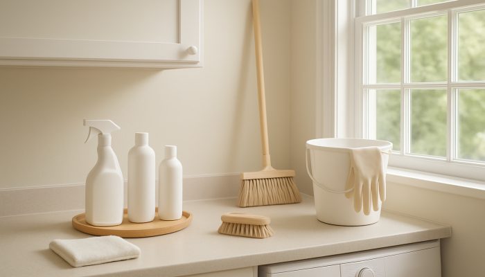 Immaculate Yeovil home interior with decluttered surfaces and organised cleaning tools in natural light.