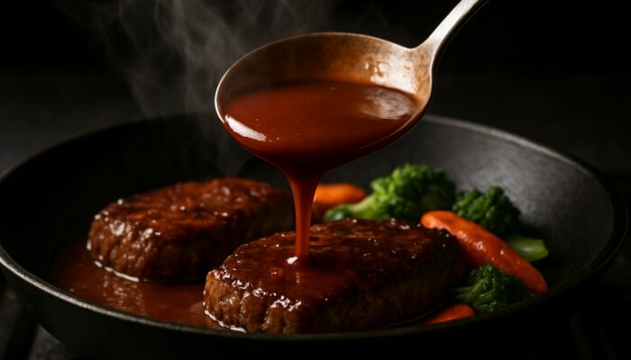 Chef lifts thick glossy pan sauce from simmering skillet with steam and seared meat
