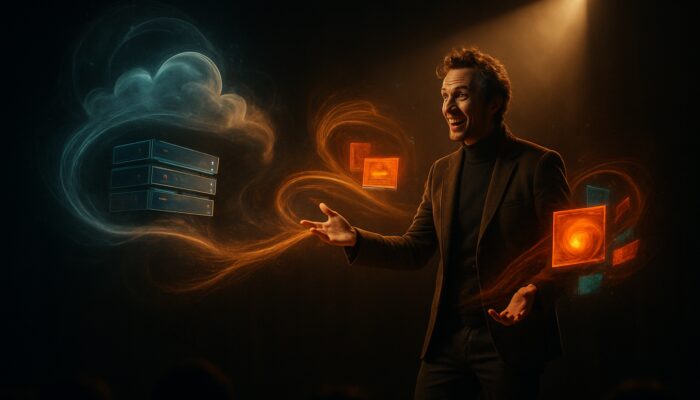 Charismatic storyteller on stage with projections of cloud servers and ad campaigns in spotlight