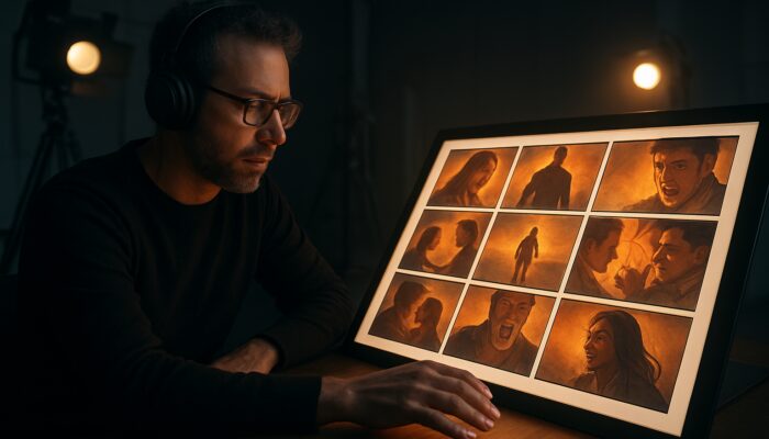 Director crafting emotional ad storyboard with characters and conflicts in sleek studio