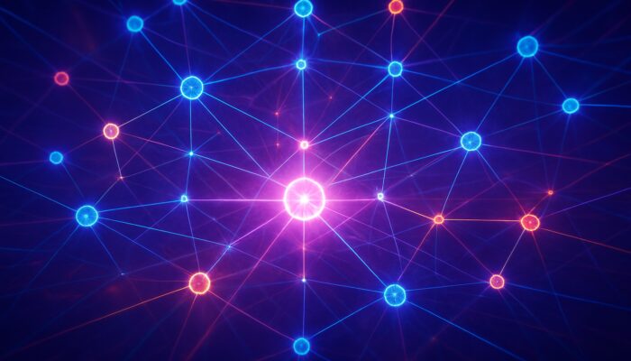 Glowing blockchain nodes linked by pulsing threads converging in consensus, cyberpunk digital art.