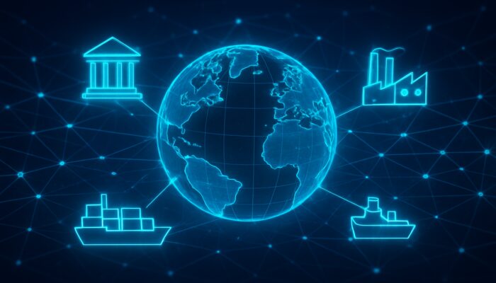 Futuristic globe linked by luminous nodes connecting banks, ships, and factories in synchronized consensus network.