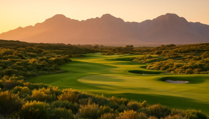 Lush de Zalze Golf Club fairways showcasing fynbos flora, rolling hills, and Stellenbosch mountain backdrop bathed in golden light.