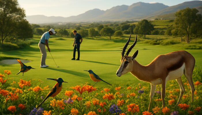 Golfers observing Cape Sugarbirds and grazing Springbok on the serene de Zalze golf course