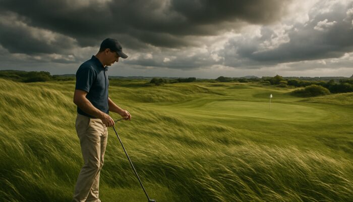 Golfer selecting a club on a windswept fairway at de Zalze Golf Club under dramatic summer skies