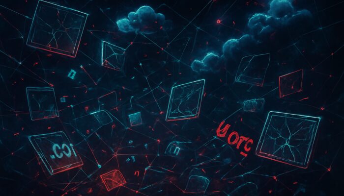 Cyberpunk network of shattered domains floating amid corrupted DNS caches and browser errors.