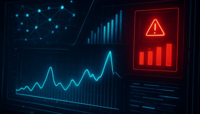 Cyberpunk bandwidth analyzer dashboard with glowing data streams, spiking graphs, and bottleneck alerts.