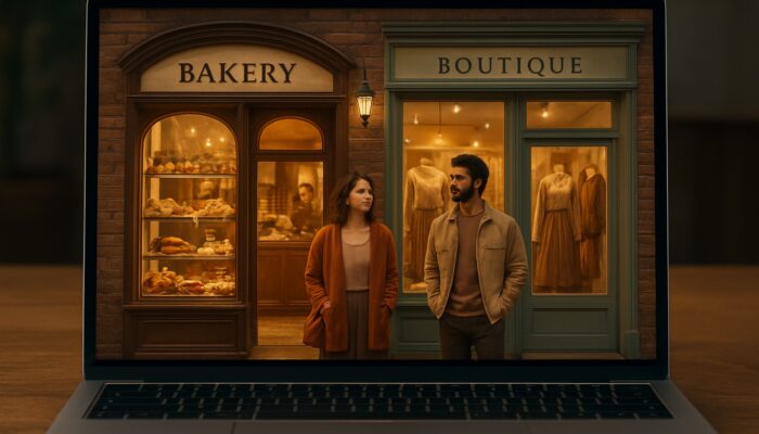 Laptop screen showing Tiverton artisan bakery pastries, boutique models, and glowing testimonials