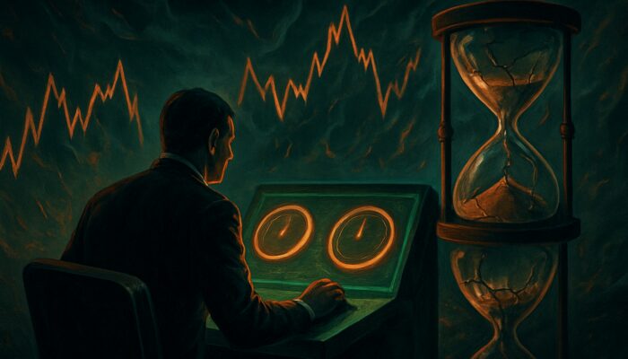 Trader evaluating Day vs GTC orders at terminal amid volatile charts and hourglasses