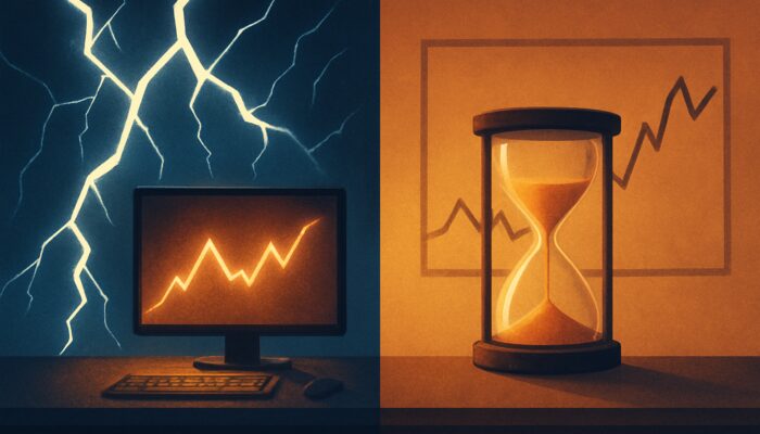 Split-screen trading desk: lightning bolts for immediate IOC vs hourglass for patient GTC orders in volatile markets